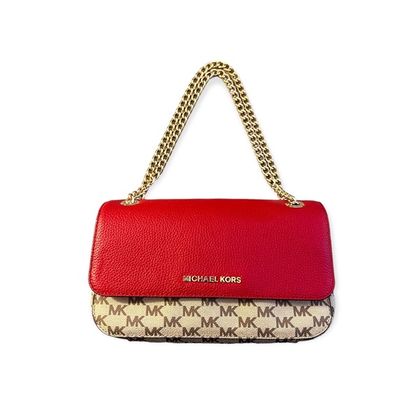 NEW Michael Kors Scarlet & Natural Small Flap Logo Bag Jet Set Chain 38H8CTCF1V - Picture 2 of 15